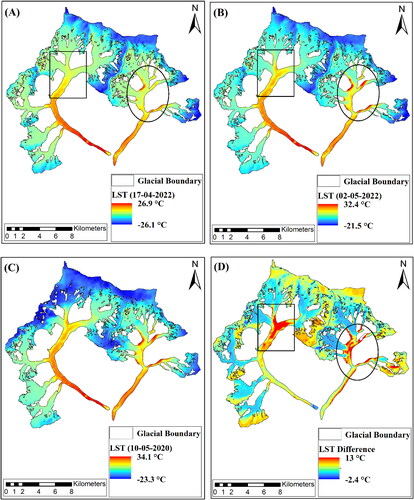 Figure 11. Map showing major fluctuations in the LST around main trunk of Shisper glacier (rectangle) and Muchowar glacier (oval) as mapped on (A) 17 April 2022, (B) 2 May 2022, (C) 10 May 2022, and (D) LST difference between 2 May and 17 April 2022.