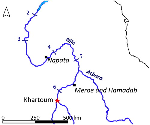Figure 1. Map showing the locations of Napata, Meroe and Hamadab along the River Nile.