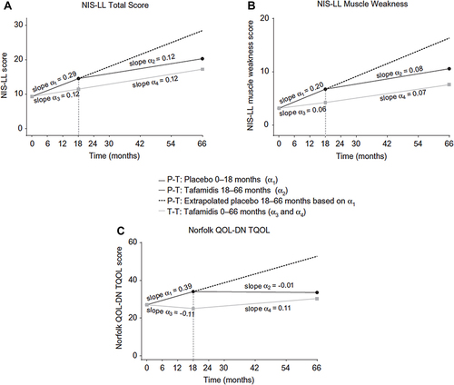 Figure 1 Intent-to-treat slope analysis of (A) NIS-LL total score, (B) NIS-LL muscle weakness, and (C) Norfolk QOL-DN in patients with Val30Met ATTRv-PN (data from Fx-005, Fx-006 and Fx1A-201).Citation17,Citation18,Citation20 Slopes are adjusted at mean baseline value of the two treatment groups.