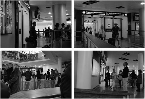 Figure 5. (a) passenger looking around and finding the way; (b) passenger pointing to the way out; (c) passengers looking at the signage above the intersection node; and (d) passengers taking the ‘shortcut’. Source: own.