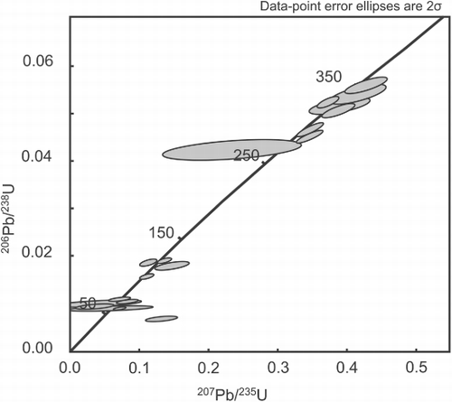 Figure 6 Concorida plot including analysed grains up to 400 Ma, error ellipsoids indicate 2σ error.