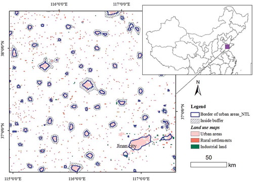 Figure 8. Urban areas modeled by this study and urban areas from the land-use map of medium and small cities or towns in 2010. Note: Jinan city, as the capital of Shandong province, was extracted from nighttime light imagery using the fixed threshold value of 58. Source: the land-use map is from the Resources and Environment Data Center of the Chinese Academy of Sciences.