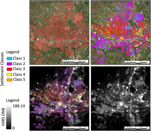 Figure 5. Clockwise from top-left: Settlement Map, Settlement Classes, Settlement Classes overlaid on VIIRS DNB image, and VIIRS DNB data for Johannesburg, South Africa.