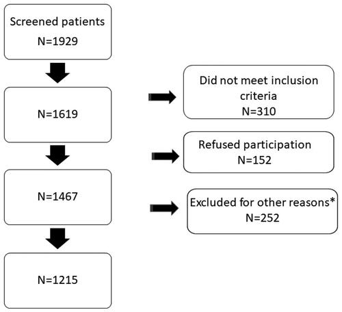 Figure 1. Flowchart. *Fourteen patients had their diagnosis revised, 63 were discharged before contact with study nurse, 83 died, 53 due to cognitive deficits, and 39 for ethical reasons.