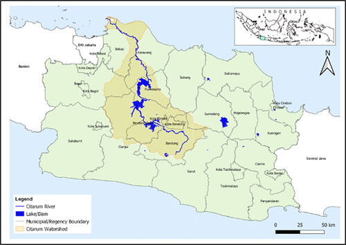 Figure 1. Map of the Citarum river and its watershed in West Java province. Source: Development Planning Agency, Government of West Java Province, 2019.
