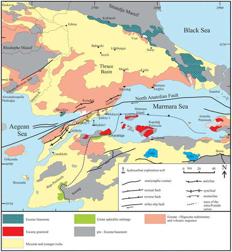 Figure 1. Geological map of the Thrace Basin and its surrounding (modified from Okay et al., Citation2010).