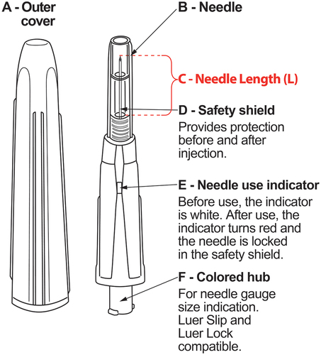 Figure 1. Passive safety needle, available in eight different needle gauges (0.3–1.3 mm) and lengths (13, 16, or 25 mm). A-Outer cover; B-Needle; C-Entire needle length penetrating the skin (L); D-Safety shield; E-Needle use indicator; F-Colored needle hub. This passive system means that the device does not require any activity of the user and is activated automatically during the movement of the needle slider when the needle is inserted into the tissue. The needle is packed in a cover that functions as an additional protection against accidental activation and blocking of the needle. When a user removes the cover, the needle is contained within the safety shield. When administering the injection, the safety shield retracts while the needle inserts into the skin. After injection, the needle automatically locks within the safety shield, preventing further use. When the safety mechanism is activated, a red indicator appears.