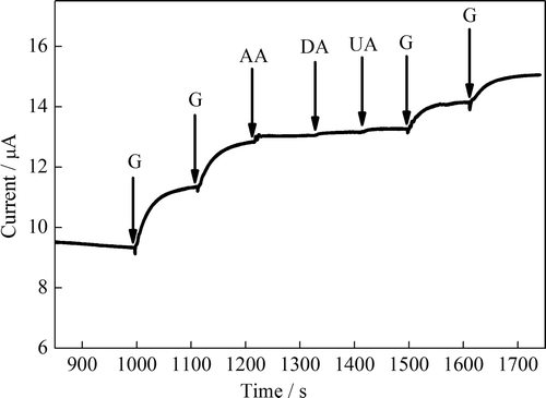 Figure 8. Amperometric responses of the glucose biosensor upon addition of AA (0.1 mmol L–1, DA (0.1 mmol L–1), and UA (0.1 mmol L–1) in 0.1 M PBS (pH 7.0) at 0.4 V vs. Ag/AgCl.