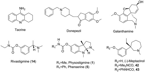 Figure 1. Structures of AChE inhibitor anti-AD drugs, classical carbamate-type AChE inhibitors and (−)-meptazinol carbamates.