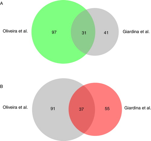 Fig. 5.  Comparison of proteins identified by Oliveira et al. and Giardina et al. The BioVenn analysis was used to compare the distribution of proteins identified by Oliveira et al. (Citation40) with the 72 proteins that were identified with more than 2 peptides having 95% confidence by Giardina et al. in this study (A) and the 92 proteins identified with more than 1 peptide having 95% confidence in this study (B).