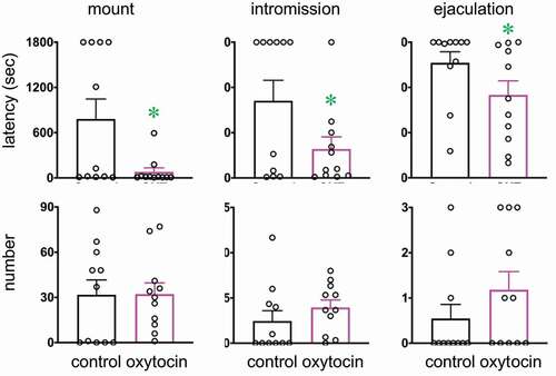 Figure 1. Effects of intraperitoneal administration of oxytocin on male sexual activity. Oxytocin shortens latencies to the first mount, intromission, and ejaculation [Data are presented as mean ± SEM and individual point (black), n = 11; paired t test, Mount latency: t10 = 2.53; Intromission latency: t10 = 2.30; Ejaculation latency: t10 = 2.55; Mount number: t10 = 0.03; Intromission number: t10 = 1.26; Ejaculation number: t10 = 1.88, *P < 0.05]