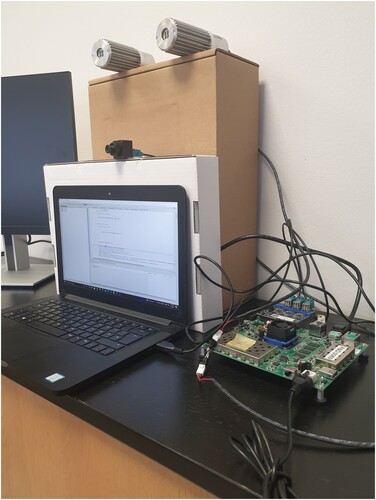 Figure 12. The image acquisition system setup including Xilinx ZCU104 board, OmniVision OV2311 image sensor, and two infrared illumination sources.