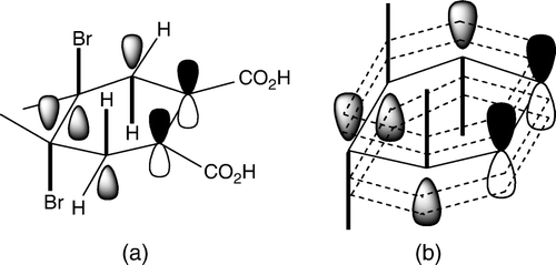 Figure 3.  (a) Role of anti-bonding orbitals (shown in grey) in the elimination. Bonds that are broken are shown in bold. (b) Electron delocalization from C–H into anti-bonding C–Br bonds results in formation of an aromatic ring of six π-electrons (hydrogen and bromine atoms as well as the substituents have been omitted for clarity).