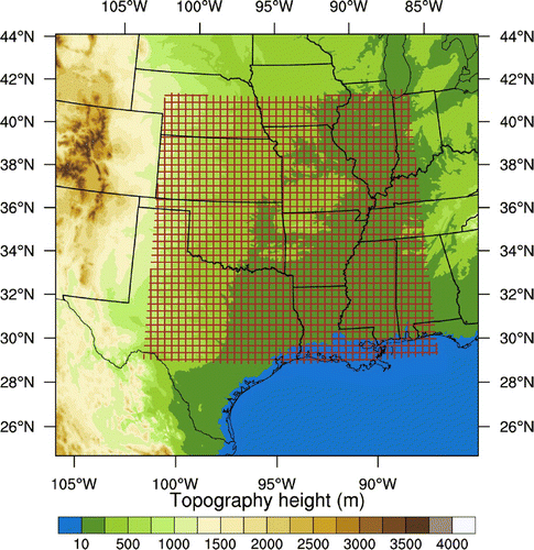 Figure 1. Computational domain overlay with topography height. Verification only computed in the red gridded region.