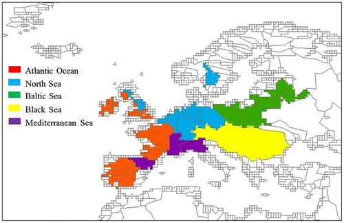 Figure 1. The selected 42 river basins draining to coastal waters of the EU-27.