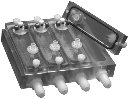 Figure 5. The Drip Flow Biofilm Reactor. Commercial version of the drip flow biofilm reactor, with four chambers each accommodating a microscope slide. © Bryan Warwood. Reuse not permitted.