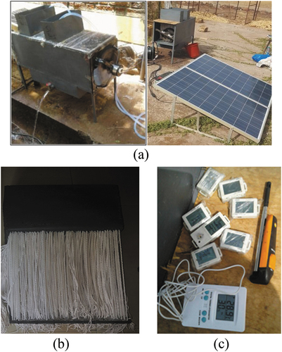 Figure 1. Solar-powered evaporative cooler: a) Cooler, b) Cotton fiber pad, and (c) Data logger.