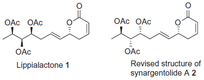 Figure 1 Structures of lippialactone (1) and revised structure of synargentolide A (2).