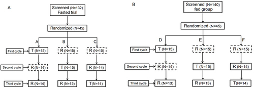 Figure 1 Subjects flow chart. Flow chart of the subjects in the fasted state (A). Flow chart of the subjects in the fed state (B). N: the number of subjects.