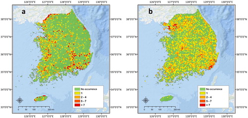 Figure 3. Forest fire occurrence frequency on a 5-km2 grid (a: MODIS active fire data and b: KFS fire survey data).