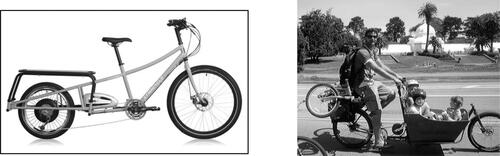 Figure 1. Edgerunner Xtracycle back loader electric bicycle (l) and Metrofiets (r) a frontloader electric bicycles. Sources: Xtrarunner Edge Bikes and author.