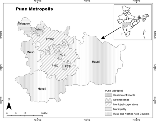 Figure 3. Pune metropolis, PMC: Pune Municipal corporation, PCMC: Pimpiri Chinchwad Municipal Corporation, PCB: Pune Cantonment Board, KCB: Kirkee Cantonment Board.