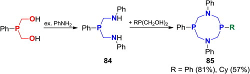 Scheme 53. Reaction of PhP(CH2OH)2 with excess aniline, and reaction of the resulted P,(NH)2-acetal with P,(OH)2-acetals.[Citation159]