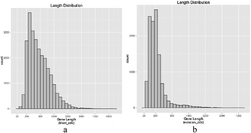 Figure 7. Length distribution of CDS predicted by BLAST (a) and ESTScan (b)