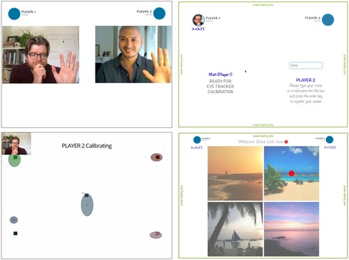 Figure 2. Example screenshots showing the procedural set up for the online joint spatial cuing task. Participants first “met” another participant online (a pre-recorded video of a confederate) with their webcam turned on (top left; image depicts authors for illustration). Participants then logged into the game within a shared screen zone, enabling them to view their partner (pre-recorded) doing the same (top right). Next, participants completed a webcam calibration sequence while viewing their partner (pre-recorded) do the same (bottom left). Finally, participants entered the game and completed the joint spatial cuing task believing that the red dot represented their partner’s gaze location (bottom right).