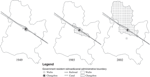 Figure 1. Government boundary evolution of Wujin and Changhzou from 1949 to 2002.