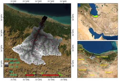 Figure 1. Location of the study area: a) Iran, b) Mazandaran Province, and c) Chalus Rood watershed.