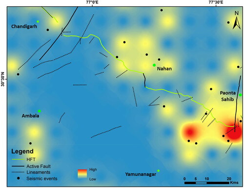 Figure 13. Spatial frequency distribution of historical seismicity and abundance of active tectonic features in the Himalayan foothills and piedmont region in and around HFT.