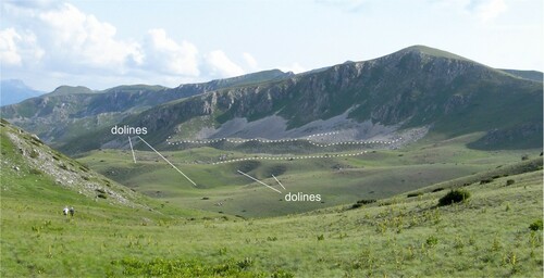 Figure 3. Čaušica glacial cirques (northeastern side of Mt. Bistra). Dolines are evident in the glacial deposit. Dashed lines mark the main moraine ridges.
