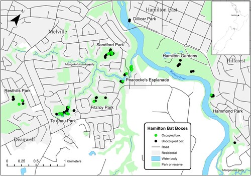 Figure 2. Locations of the monitored bat boxes across eight parks in the southern suburbs of Hamilton City, New Zealand. Note that Donny Park is not presented as this location had a single unoccupied bat box.