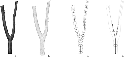 Figure 4. (a) Fork from the inventory; (b) 3D-scanned mesh; (c) extracted skeleton and diameters; (d) simplified vectorial representation.