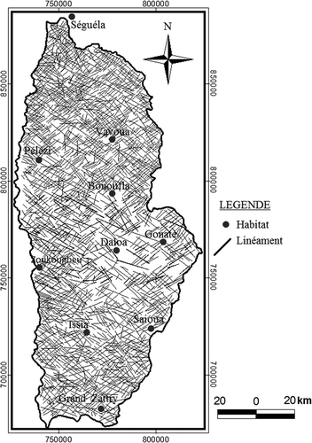 Figure 3. Carte détaillée des linéaments du bassin versant de la Lobo.