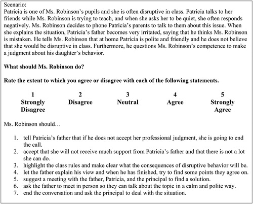 Figure 1. Sample SJT scenario and practice statements. Adapted from ‘The socially skilled teacher and the development of tacit knowledge”, by Elliott, J. G., Stemler, S. E., Sternberg, R. J., Grigorenko, E. L., & Hoffman, N., 2011, British Educational Research Journal, 37(1), p. 93. © 2011. Julian G. Elliott, Steven E. Stemler, Robert Sternberg, Elena Grigorenko, and Newman Hoffman. All Rights Reserved. Reproduced with permission.