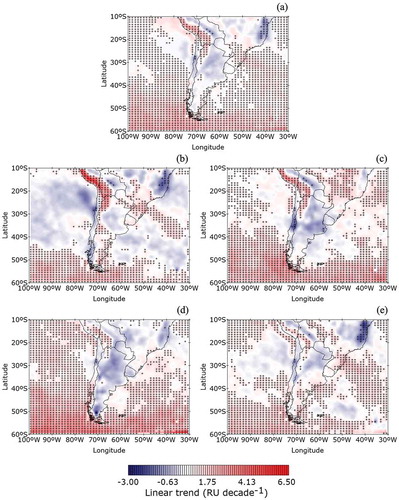 Figure 4. Trends in LER mean seasonal values within the study period for (a) Q, (b) DJF, (c) MAM, (d) JJA, and (e) SON. Values expressed in RU decade−1. Significant values to a 95% confidence level are cross-hatched.