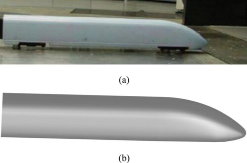 Figure 3. The configuration of the CRH3 model: (a) Scaled prototype from Schober et al. (Citation2010); (b) Numerical model in the present study.