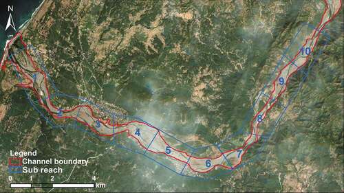 Figure 4. Ten sub-reaches of the Bislak River experimental area with serial number. Background is the true colour Sentinel-2 image dated 1 January 2018.