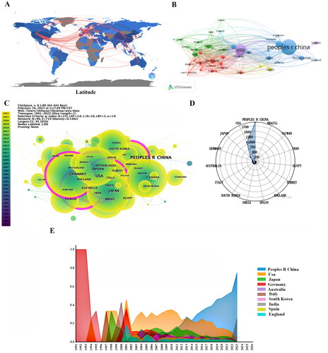 Figure 3. Leading countries in inflammation in DKD research. (A)Global geographic collaboration regarding the study; (B) The country co-authorship network; (C) Map of countries with publications in inflammation in DKD research; (D) Radar map of the top 10 productive countries; (E) Annual attention trend of the top 10 productive countries.