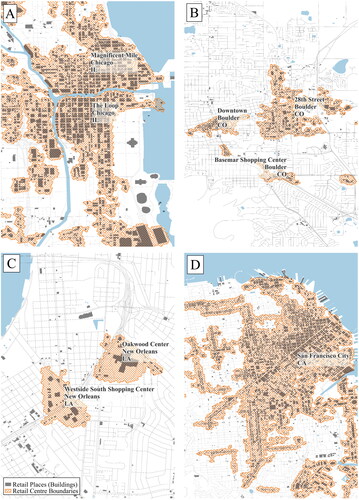 Figure 5 The where of U.S. retail centers in four contrasting urban and retail environments (maps not to scale).