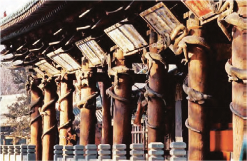 Figure 6. Eight dragon-wrapped frontal timber columns supporting the eaves of the Jinci shengmu dian (Hall of Saintly Mother of Jinci Memorial Temple) in Taiyuan, built in 1023–32 AD.