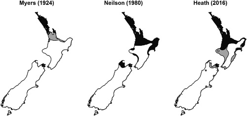 Figure 2. Change of distribution of Haemaphysalis longicornis with time. Black areas indicate high risk and grey low risk. In the 1924 map the black area corresponds to Area A, and the grey to Area B, as originally designated in the cattle tick regulations (Cattle-tick regulations … Citation1922). Reproduced with permission. Published in Veterinary Parasitology, volume 243. Lawrence KE, Summers SR, Heath ACG, McFadden AMJ, Pulford DJ, Tait AB, Pomroy WE. Using a rule-based envelope model to predict the expansion of habitat suitability within New Zealand for the tick Haemaphysalis longicornis, with future projections based on two climate change scenarios. pp. 226–234. Copyright Elsevier (2017).