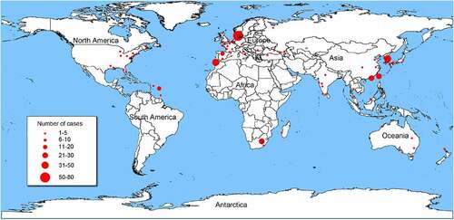 Figure 1. Geographical distribution of 273 Shewanella infectious cases. The geographical distribution of cases are Denmark (n = 71), Spain (n = 39), Africa (n = 30), China (n = 19), U.S.A (n = 17), Martinique (n = 16), India (n = 12), France (n = 9), Japan (n = 7), Korea (n = 5), Turkey (n = 6), Australia (n = 5), Caucasian (n = 3), Croatia (n = 2), Malaysia (n = 2), Thailand (n = 2), Belgium (n = 2), Italy (n = 2), Panama (n = 1), Mexico (n = 1), Moroccan (n = 1), Belize (n = 1), Wakefield (n = 1), Virginia (n = 1), Bahamas (n = 1), Romania (n = 1), Madagascar (n = 1), Germany (n = 1), Caribbean (n = 1), Cyprus (n = 1), UK (n = 1), Brunei Darussalam (n = 1), Puerto Rico (n = 1), Russia (n = 1), New Zealand (n = 1), Côte d’Ivoire (n = 1), and Israel (n = 1). Information on the geographical location of 5 cases is not available.