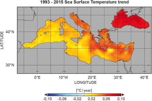 Figure 4. 1993–2015 SST trend map in degrees Celsius per year, over the Black Sea and Mediterranean Sea, derived from the same data set as in Figure 3.