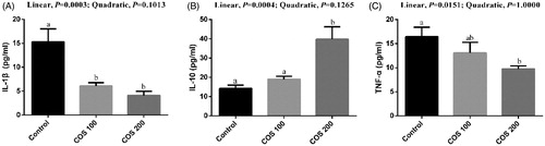 Figure 6. Effects of chitosan oligosaccharides (COS) on inflammatory cytokines in serum of yellow-feather broilers under high ambient temperature. Control group, basal diet; COS100 group, basal diet with 100 mg/kg COS; COS200 group, basal diet with 200 mg/kg COS. IL-1β: interleukin-1β; IL-10: interleukin-10; TNF-α: tumour necrosis factor-α. Values are mean ± standard error of mean. The values have different superscript letters are different (p < .05).