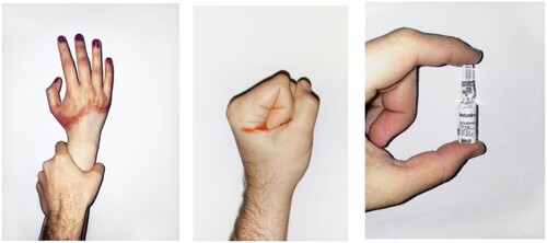 Figure 5. Left to Right: Stained (2012); A Fist with Blood (2014); Guli's Testosterone (2013).