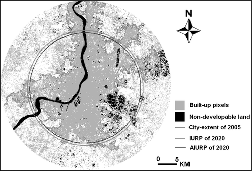 Figure 4.  Overlay of built-up pixels, non-developable land and city-extent of the year 2005 along with IURP and AIURP of the year 2020.