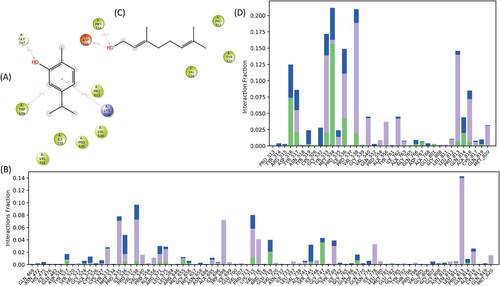 Figure 6. The properties of both ligands (carvacrol and geraniol) during the 100 ns simulation. (A, B) The carvacrol and geraniol interaction with HMG-R. (B, D) The histogram of both ligands (carvacrol and geraniol) displayed bonds with amino acids of HMG-R.